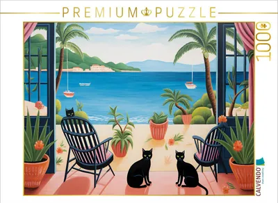 Produktbild von CALVENDO Puzzle Zwei Katzen im Strandhaus | 1000 Teile Lege-Größe 64x48cm Foto-Puzzle für glückliche Stunden