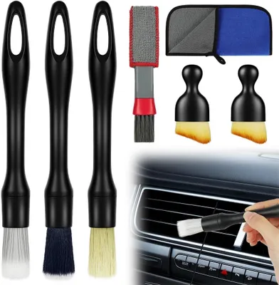 Imagen del producto de Juego de cepillos para la limpieza interior de automóviles, de 8 piezas, con cepillos suaves y que no rayan, incluye un paño de microfibra, ideal para