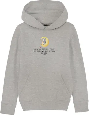 Produktbild von Mr. & Mrs. Panda Kinderpullover Pinguin Mond 5-6 Jahre (110/116) - Heather Grey - Geschenk, Kapuzenpullover, schlafen, Pullover, Sweater, Hoodie, Kapuzenpulli, Neugierig