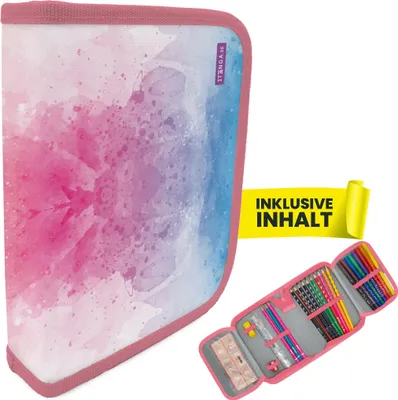 Produktbild von itenga Schüler-Etui Mäppchen Regenbogen Wasserfarben 28 teilig (gefüllt) 1-Zipper