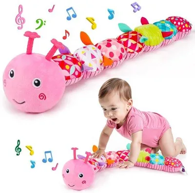 Produktbild von Bauchlagetrainer Baby – Sensorisches Kuscheltier mit Geräusch & Beißring – Plüsch Raupe Thema – ab 0 Monate – Rosa