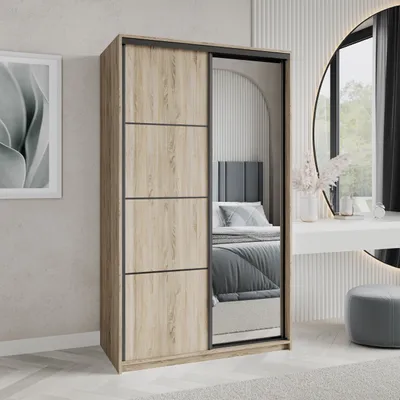 Produktbild von Masseno Schiebetürenschrank VARO 120/205/60 cm Kleiderschrank mit Schubladen Schlafzimmer Schrank 2-türig mit Spiegel Sonoma Eiche + Schwarz