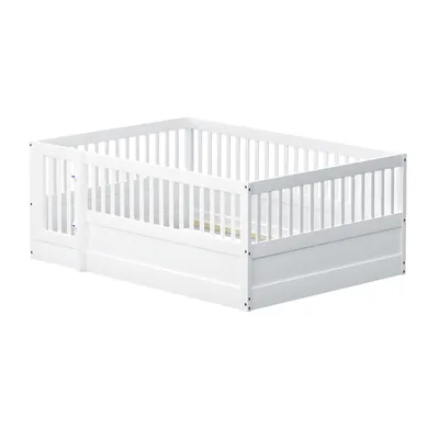 Produktbild von Flieks Kinderbett 140x200cm ohne Lattenrost, Spielbett Bodenbett mit Rausfallschutz, Doppelbett Holzbett mit Tür und Zaun, Weiß