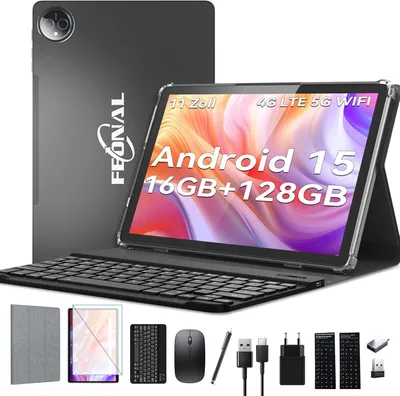 Image de Tablette Android 15 de 11 pouces, processeur octa-cœur, 16 Go de RAM, 128 Go de stockage interne + 1 To, appareil photo 13 MP + 8 MP, connectivité 5G, WiFi et Bluetooth, livrée avec souris/clavier/stylet