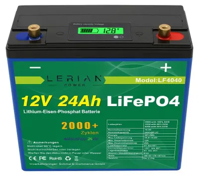 Imagen del producto de Batería LiFePO4 de 12 V, 24 Ah - Capacidad de 288 Wh - Descarga de 20 A - Ideal para barcos, caravanas y camping