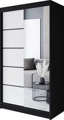 Produktbild von Easy4You P3 150 cm Schwarz/Weiß Schiebetüren Kleiderschrank 150x200x58 cm mit Spiegel - Schlafzimmermöbel, Aufbewahrung - Mehrzweckschrank