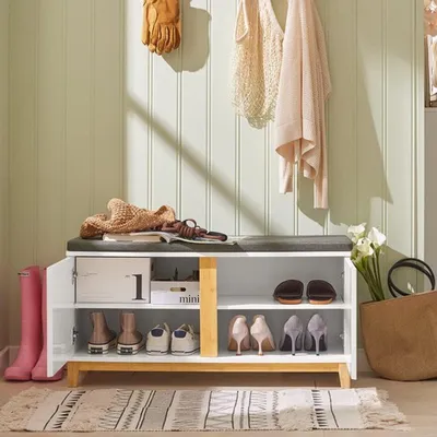 Zdjęcie produktu dla Ławka do przedpokoju z siedziskiem i miejscem do przechowywania - szerokość 102 cm - wykonana z MDF - wolnostojąca półka do przedpokoju