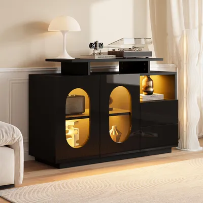 Produktbild von okwish Elegantes Hochglanz-Sideboard Kommode mit LED-Beleuchtung und Hochglanzfronten,Glasvitrine Hausbar mit offenen Regalfächern und Schubladen,Schwarz