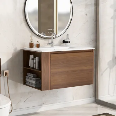 Produktbild von Waschbeckenunterschrank Keramikwaschbecken hängend 76cm breit, mit Schubladen Badezimmer Modernes Design, braun