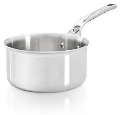 A stainless steel saucepan with a handle is shown against a white background.