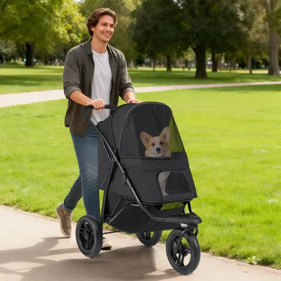 Immagine prodotto di COSTWAY passeggino pieghevole per cani, passeggino per cani fino a 25 kg, passeggino per gatti a 3 ruote, passeggino per animali domestici con tettuccio parasole regolabile, finestra a rete, cestino e cuscino, nero