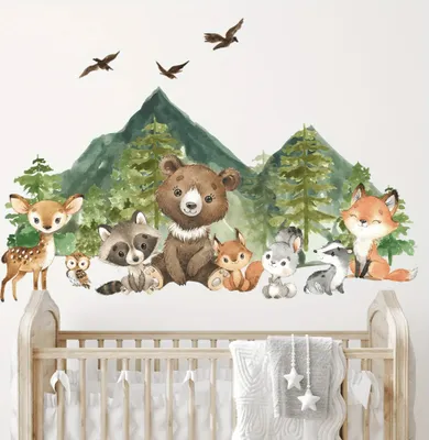 Produktbild von Wandsticker, Bär, Hirsch, Fuchs, Baum, Bergen-Wandaufkleber, Wandtattoo mit Waldtieren für Kinderzimmer