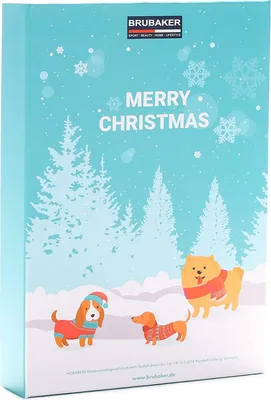 A Christmas-themed advent calendar box featuring cartoon dogs in a snowy forest scene.