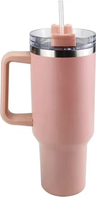 Produktbild von 1200 ml Edelstahl-Thermosflasche mit Henkel und Strohhalm, BPA-frei, auslaufsicher, spülmaschinenfest, ideal für Reisen – HIPYSIP Rosa