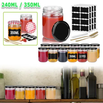 Produktbild von NAIZY 12er Set Konservengläser mit schwarzem Aluminiumdeckel – 350ml Quadrat-Borosilikatglas, BPA-frei, luftdicht, platzsparend, Etiketten & Stift, für Marmelade, Tee