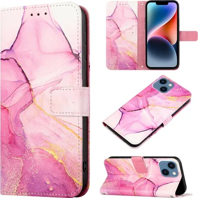 Produktbild von iPhone 14 Plus Hülle, Marmor Motiv Kunstleder Tasche Wallet Kartenfächer mit Standfunktion Klapp Schutzhülle für iPhone 14 Plus Rosa