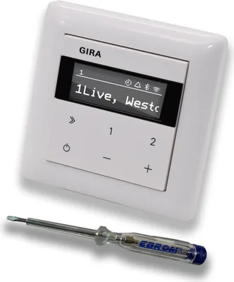 Produktbild von Gira Unterputz IP Internetradio 232003 + Bluetooth - System 55 - reinweiß glänzend mit 1fach Rahmen Gira 021103 inkl. EBROM Phasenprüfer zur Montage des Geräts