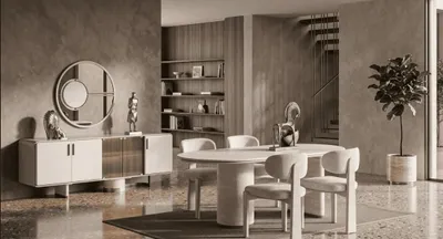 Productafbeelding van Beige eethoekset: ovaal eettafel, eethoekstoelen, dressoir, moderne stijl