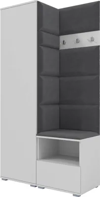 Produktbild von Garderoben-Set Nela I, Polstergarderobe mit Schuhschrank, Dielenmöbel-Set (Farbe: Weiß + Trinity 15 (Dunkelgrau))