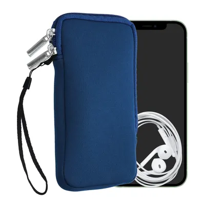 A blue neoprene smartphone pouch is shown next to a smartphone and a pair of white earbuds.