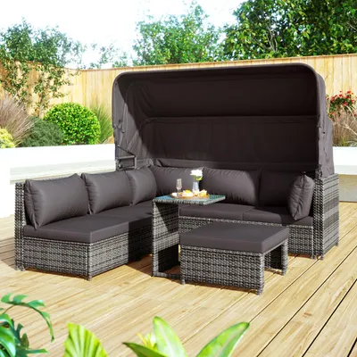 Produktbild von Polyrattan Gartenlounge Set mit Sonnendach - 5-teilig Modulare Sonneninsel & Sitzgruppe - Wetterfeste Terrassenmöbel mit Glastisch & Hocker - Platzsparend & Ergonomisch - Grau