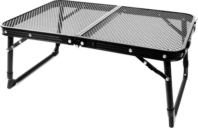 A black foldable camping table shown from a diagonal angle against a white background.