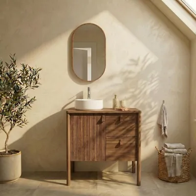 Produktbild von Waschtisch Eiche 80cm Füße, Becken, Armatur und ovaler Spiegel JOY