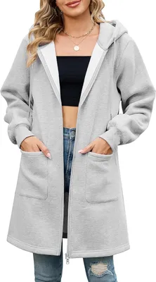 Zdjęcie produktu dla Lekko szara bluza z kapturem i zamkiem błyskawicznym, w stylu casual, z długimi rękawami