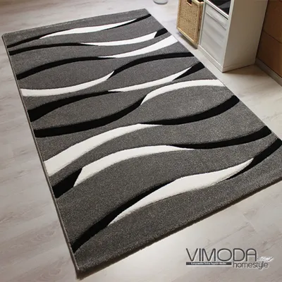 Produktbild von Moderner Frisee Designer Teppich mit Streifen Handgeschnittene Konturen in Grau - I6084, Maße:80 cm x 150 cm