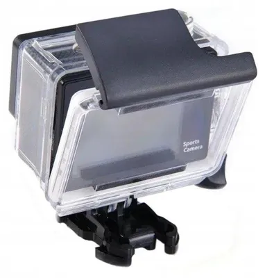 A close-up shot of a sports camera in a waterproof case.