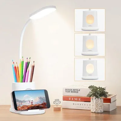 Obrázek produktu pro LED stolní lampa Ibenzoa® s flexibilním ramenem (360°), 3 úrovně jasu a noční světlo, USB nabíjecí port, držák na mobilní telefon a tužky – ideální pro domácnost i kancelář