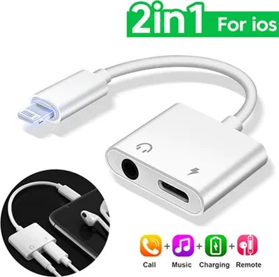 A collage advertising a 2-in-1 adapter for iOS devices, showing the adapter and its functionality with icons.