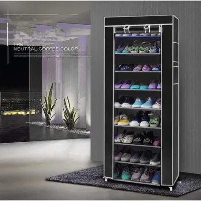 Produktbild von AIORBER Schuhschrank mit Abdeckung , 10-Schicht 9 Gitter, Vliesstoff, kompakt, platzsparend, für Wohnzimmer, Flur, 58 x 29 x 160cm, Schwarz