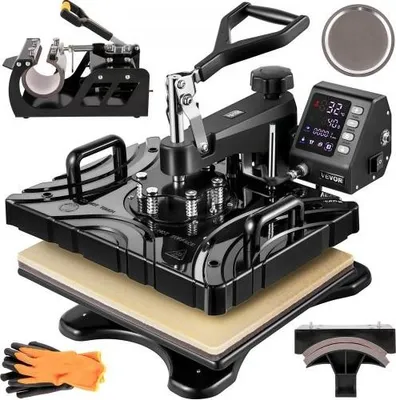 Produktbild von VEVOR Transferpresse 5-in-1, 30,5 x 38,1 cm, Sublimationsmaschine, 1000 W, schwarz, multifunktionale, wegschwenkbare Transferpresse, T-Shirt-Drucker, Transfer, Doppelrohrheizung, 360-Grad-Drehung für selbstgemachte Kappen und Tassen