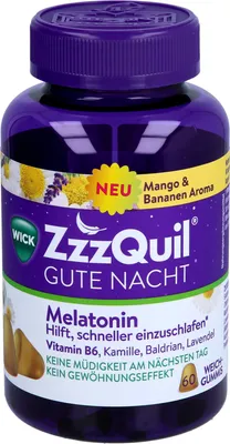 Produktbild von WICK ZzzQuil Gute Nacht Weichgummis mit Melatonin Mango & Banane, 60 St. Gummidrops
