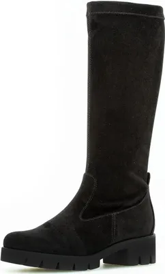 A side view of a black knee-high boot.