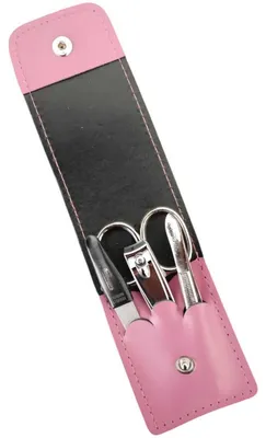 Produktbild von 4-teiliges Solingen* Maniküre Set mit echt Leder Etui, Nagelschere, Feile, Pinzette Magenta