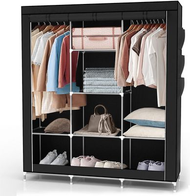 Intirilife Faltschrank 130x175x45 cm in RABEN SCHWARZ - mit Reißverschluss Stoffschrank Kleiderschrank mit Kleiderstange, Fächern und Seitentasche - Camping Steckschrank Textil Garderobe