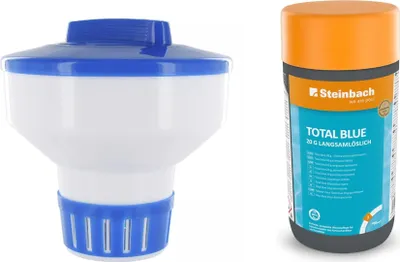 Produktbild von Steinbach | Dosierschwimmer Starter Kit inkl. Total Blue | 18 cm Ø | langsamlöslich 20 g | Poolwasser sauber und kristallklar | ideal zur Poolpflege