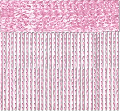 A pink string curtain hanging down, with a textured pink and white pattern at the top.