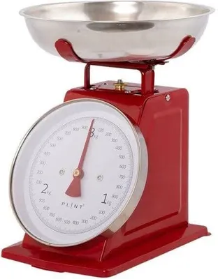 Image de PLINT Balance de cuisine traditionnelle 3 kg avec bol en acier inoxydable, balance rétro, mécanique, vintage, balance alimentaire rétro avec grand bol métallique rouge