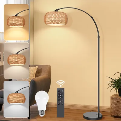 Produktbild von Modern Rattan Led Stehlampen Wohnzimmer Dimmbar, Rattan Stehlampe mit Fernbedienung und LED-Glühbirne, App-Steuerung, Vintage Stehlampe mit Doppel-Lampenschirme, Boho Stehlampe für Schlafzimmer,E27 Floor Lamp