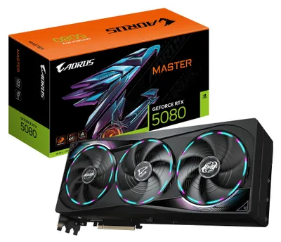 A Gigabyte AORUS GeForce RTX 5080 MASTER graphics card and its packaging are displayed against a white background.