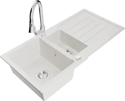Immagine prodotto di Mexen Andres lavello in granito 1,5 vasca con scolapiatti e rubinetto da cucina Elia, bianco - 6515-20-670101-00