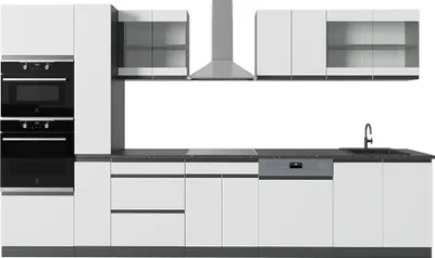 Produktbild von Vicco Küchenzeile R-Line, 350 cm J-Shape, mit Hochschrank, ohne Arbeitsplatte, Weiß/Anthrazit