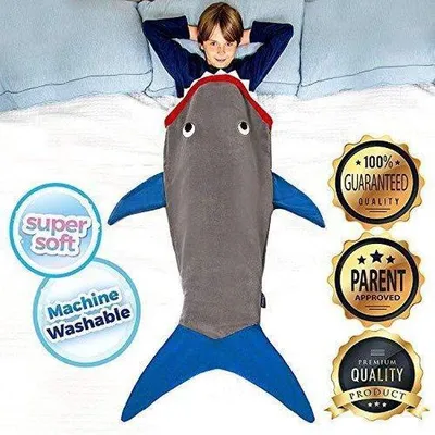 Produktbild von Unyqoos® Hai‑Schlafsack & Kuscheldecke, weiches Flanell‑Fleece, 55,9 Zoll (Zahn bis Schwanz), dunkelgrau‑blau, Ganzjahres-Kuschel‑Schlafsack für Kinder 3–12 Jahre, Sofa & Bett