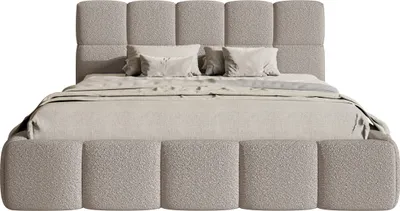 A bed with a upholstered frame and headboard, shown from the front.