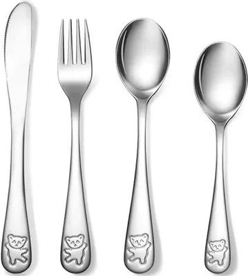 Obrázek produktu pro Ultiluxe Dětské příbory s medvídky - 4 kusy - Nerezový set příborů - Vysoká kvalita - 16,5 cm - Stříbrná - Pro děti