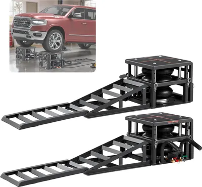Produktbild von Auto Auffahrrampen - Pneumatischer Rampen-Wagenheber 2er-Set - Tragkraft 5 t - Max. Hubhöhe 32 cm - Radkeile & Verlängerungsrampen - Für PKW SUV Pickup