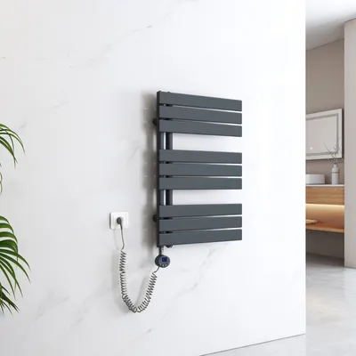 Zdjęcie produktu dla EMKE Suszarka do ręczników Elektryczny asymetryczny grzejnik łazienkowy z termostatem czasowym Podgrzewacz ręczników 762 x 500 mm Antracytowy grzejnik łazienkowy z prętem grzewczym 400 W